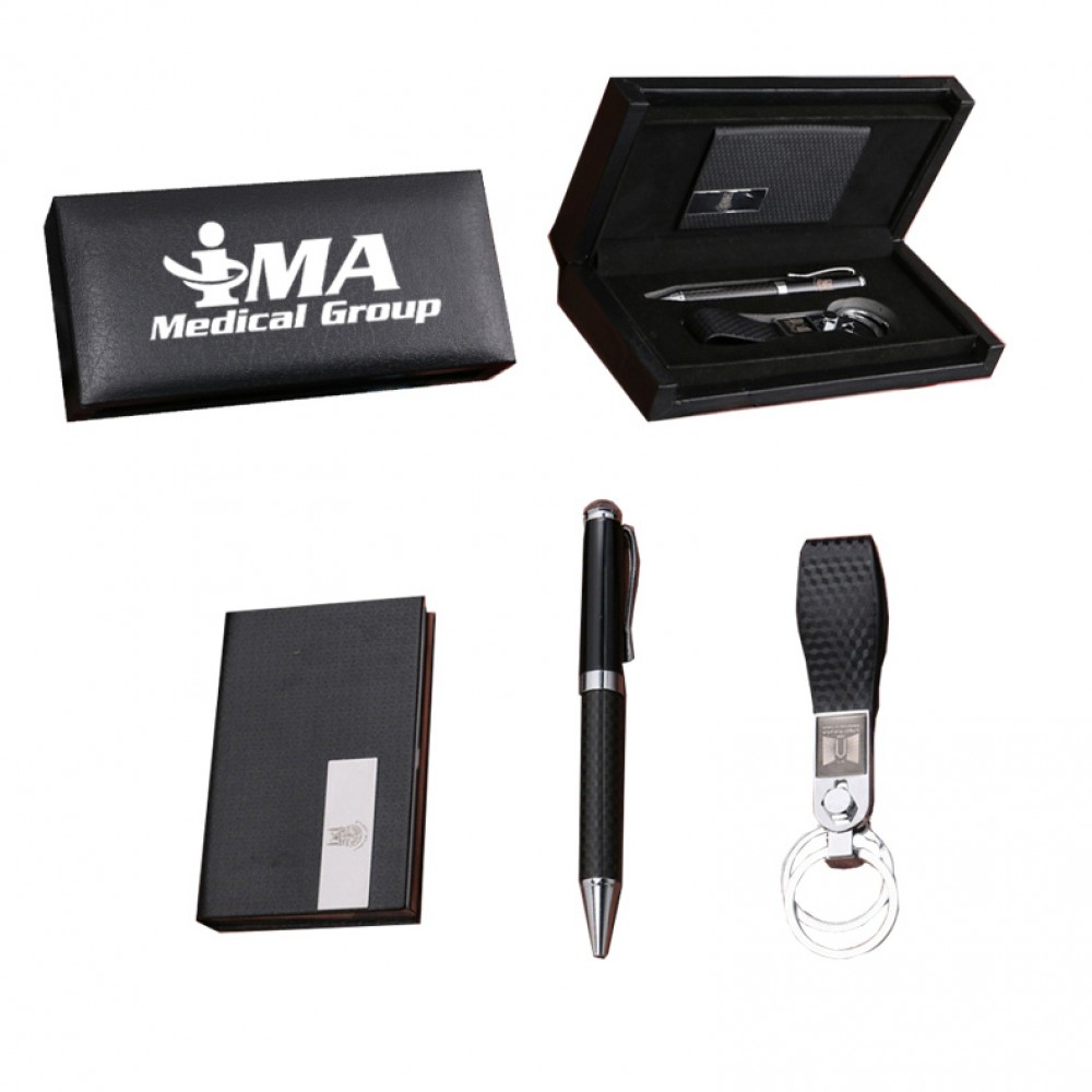 Custom Printed 3Pcs Gift Case: Double Ring Key Chain, Carbon Fiber Pen & Business Card Case
