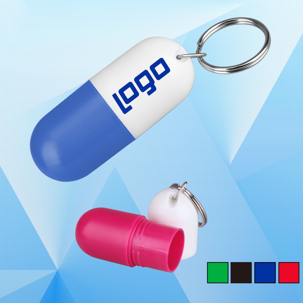Logo Branded Capsule Shaped Pill Case with Key Ring