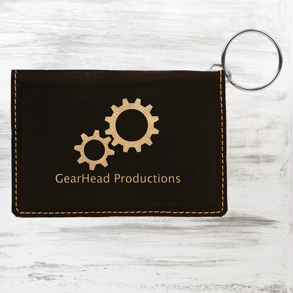 Black/Gold Leatherette Keychain ID Holder Logo Branded Black/Gold Leatherette Keychain ID Holder Logo Branded