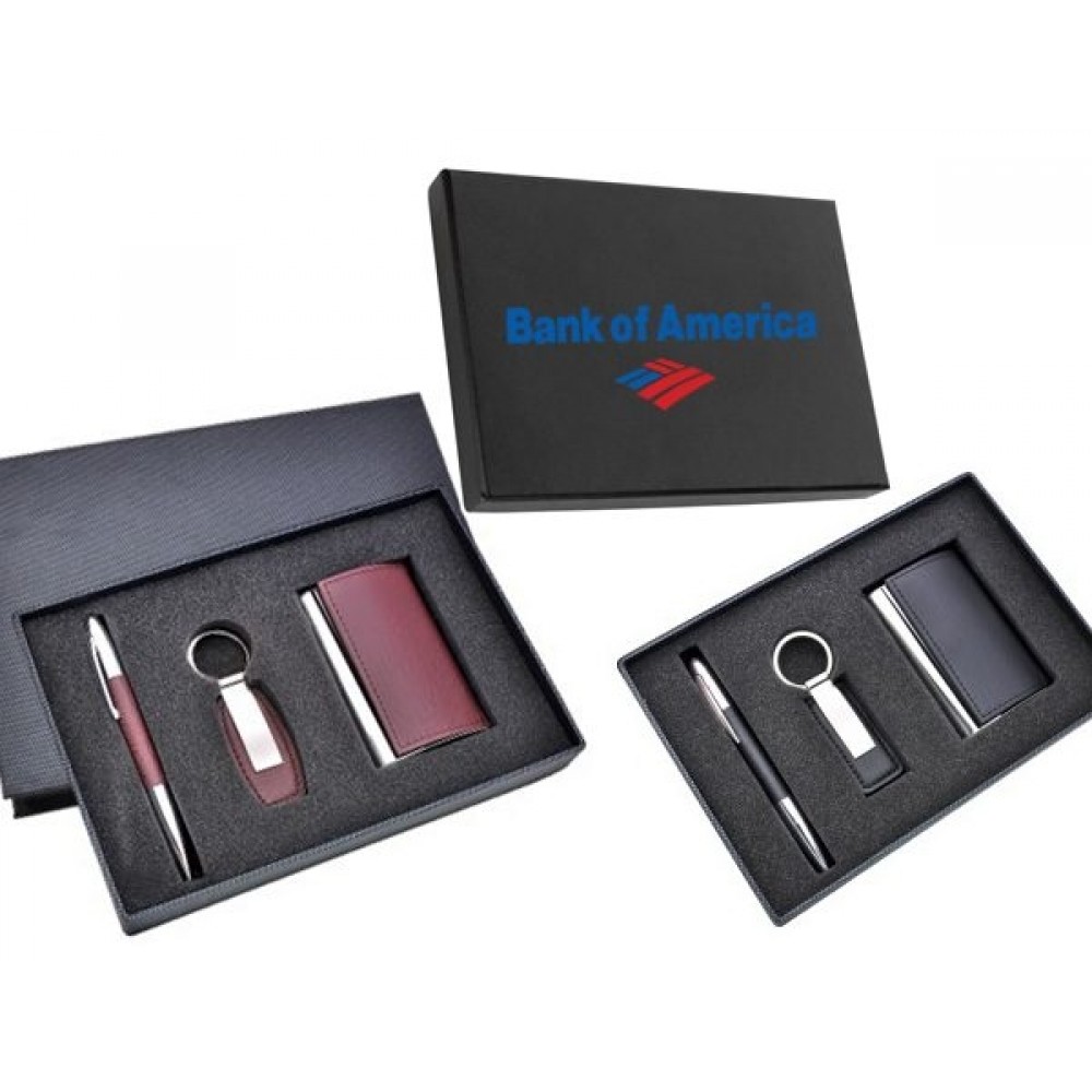 Custom Imprinted Business Gift Set - Pen, Key Holder, Card Case in Leatherette Box