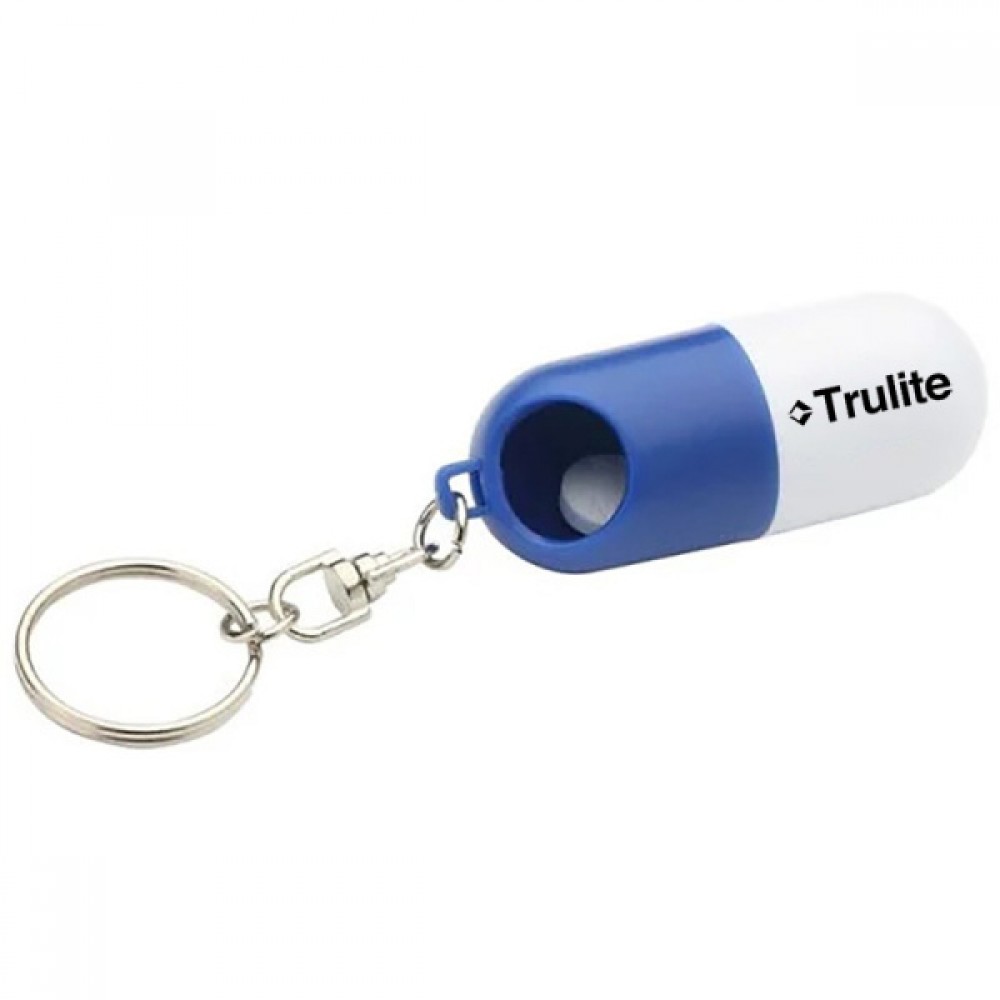 Logo Branded Capsule-shaped Pill Box With A Key Chain Logo Branded Capsule-shaped Pill Box With A Key Chain