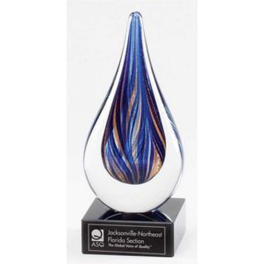 Blue and Gold Art Glass on Black Glass Base, 7" Blue and Gold Art Glass on Black Glass Base, 7"