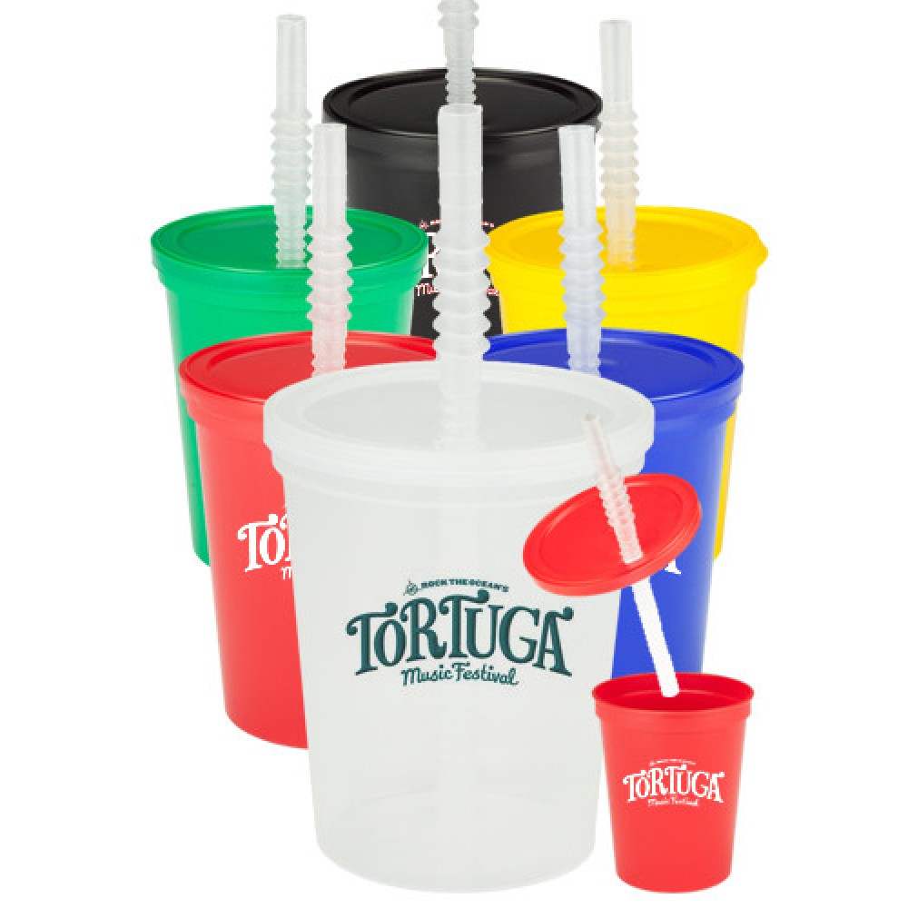  16 Oz. Plastic Stadium Cups with Lid and Straw