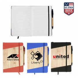 Bamboo Look PU Journal with Matching Strap Closure, Bookmark & Pen Loop with Logo