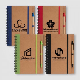 Kraft Hard Cover Spiral Notebook with Pen - Silkscreen with Logo