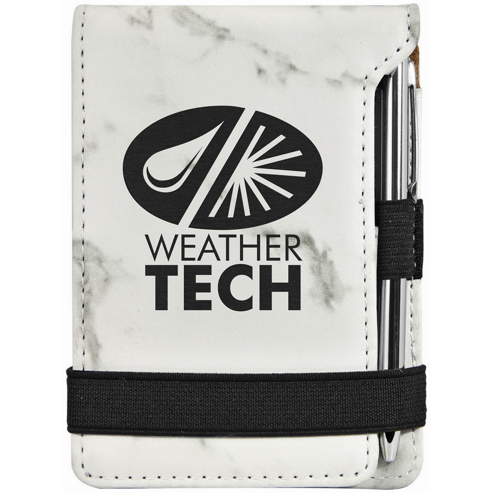 Logo Printed 3 1/4" x 4 3/4" White Marble Laser engraved Leatherette Mini Notepad with Pen Logo Printed 3 1/4" x 4 3/4" White Marble Laser engraved Leatherette Mini Notepad with Pen