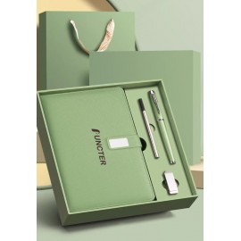 A5 PU Leather Rings Binder Notebook Gift Set Gift Box with Pen and 32GB USB Flash Drive with Logo