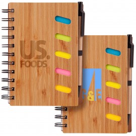 Bamboo Front Cover Notebook with Sticky Note and Pen (Factory Direct - 10-12 Weeks Ocean) with Logo  Bamboo Front Cover Notebook with Sticky Note and Pen (Factory Direct - 10-12 Weeks Ocean) with Logo
