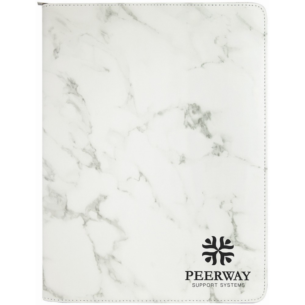 Branded 9 1/2" x 12" White Marble with Zipper Leatherette Portfolio with Notepad Branded 9 1/2" x 12" White Marble with Zipper Leatherette Portfolio with Notepad