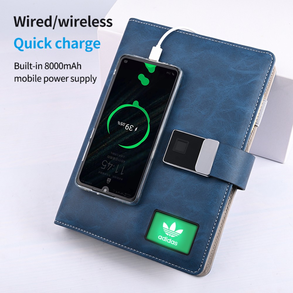 Custom Imprinted Top configuration fingerprint lock leather notebook with wireless charger Custom Imprinted Top configuration fingerprint lock leather notebook with wireless charger