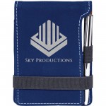 Logo Printed 3 1/4" x 4 3/4" Blue/Silver Laser engraved Leatherette Mini Notepad with Pen