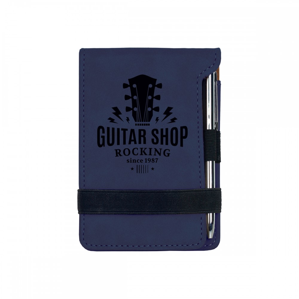 Blue/Black Leatherette Mini Notepad with Pen with Logo