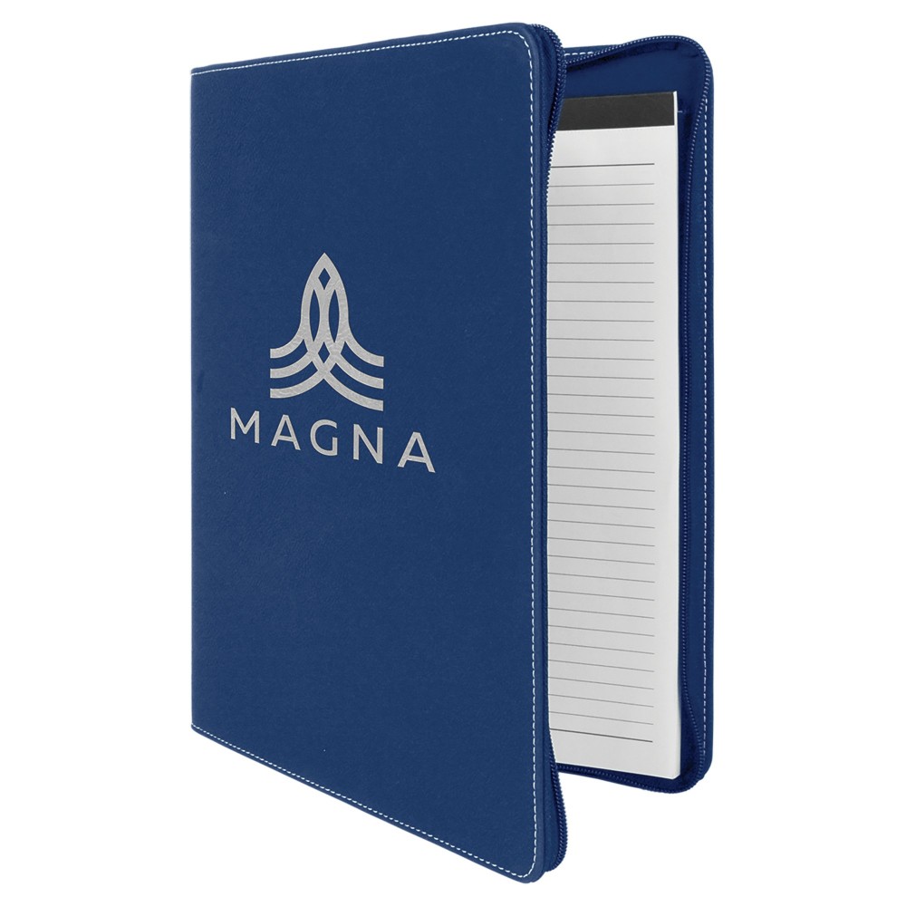 9 1/2" x 12" Blue/Silver w/Zipper Laser engraved Leatherette Portfolio with Notepad Logo Printed 9 1/2" x 12" Blue/Silver w/Zipper Laser engraved Leatherette Portfolio with Notepad Logo Printed