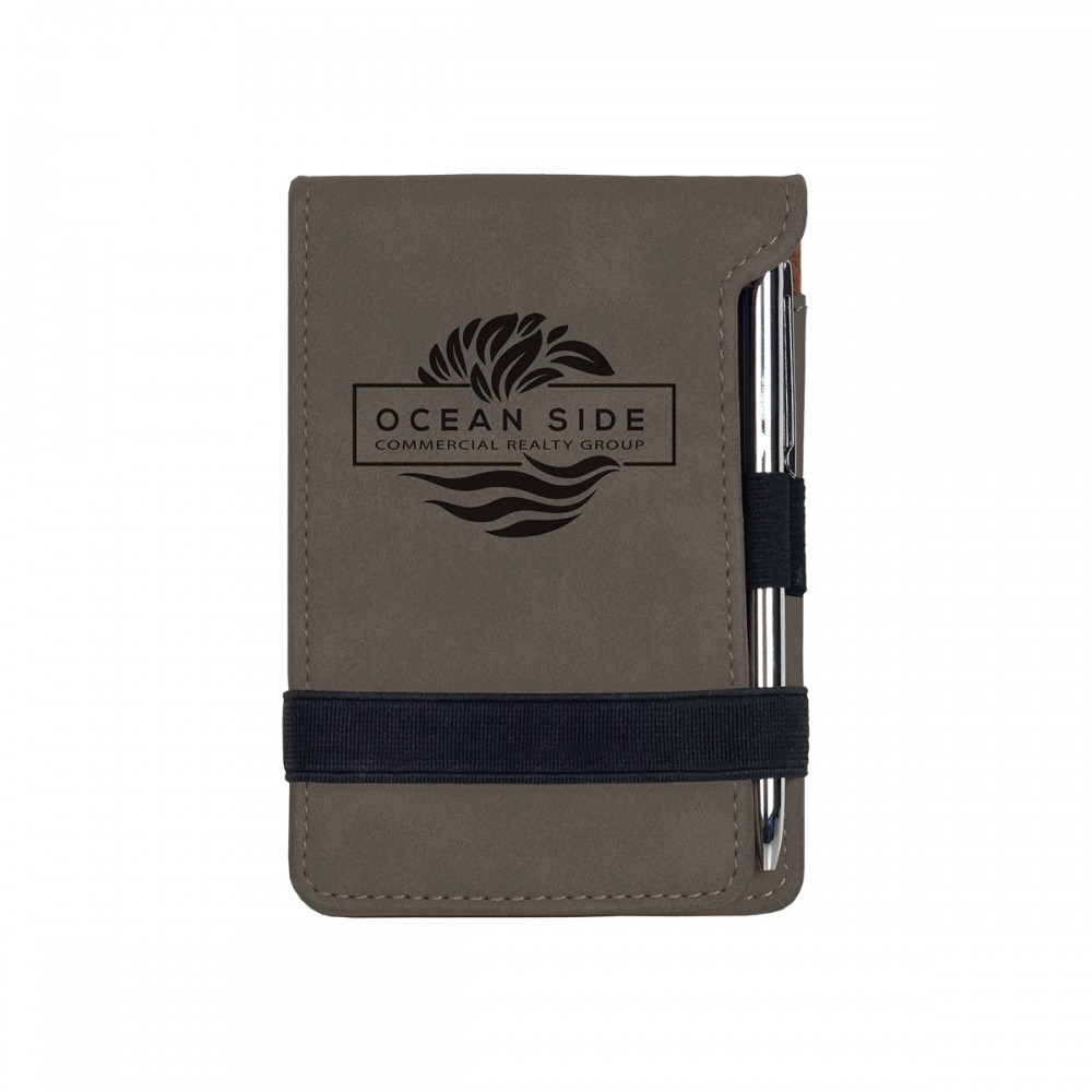 Promotional Gray Leatherette Mini Notepad with Pen