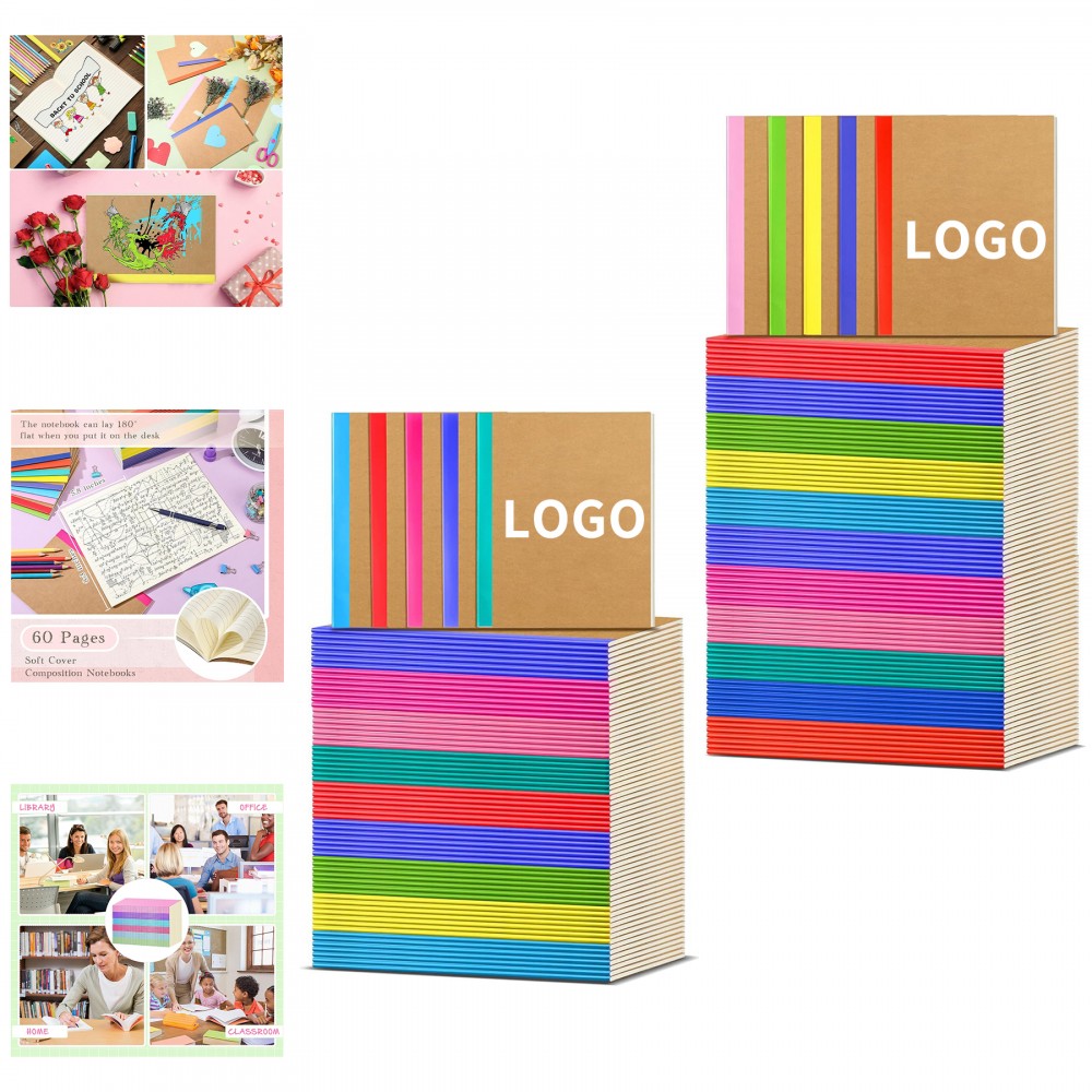 60 Pages 5.8 x 8.3 Inch Soft Cover Composition Ruled Lined A5 Kraft Notebook with Logo