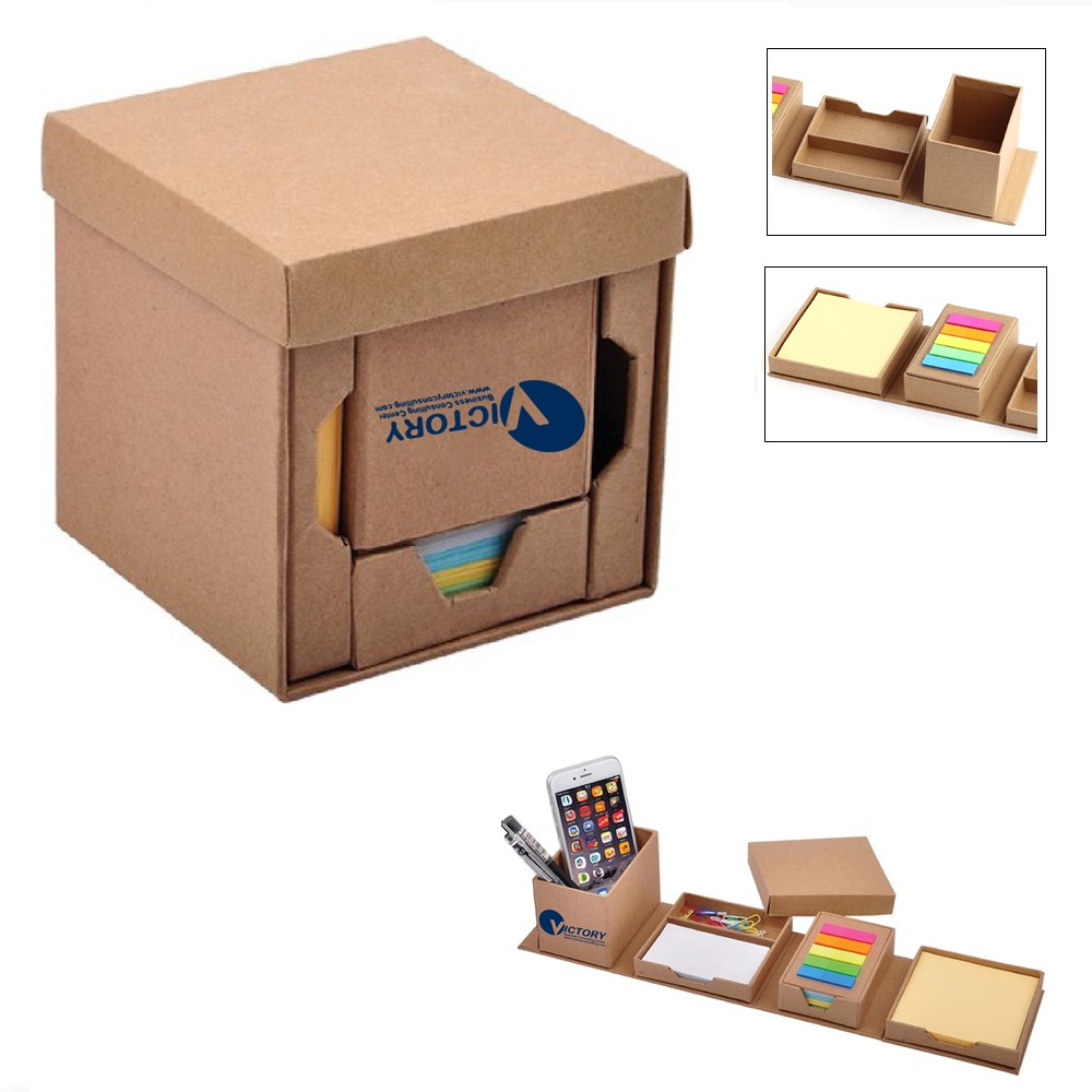Cube Shape Multi-function Kraft Paper Sticky Notes Memo Holder Custom Imprinted