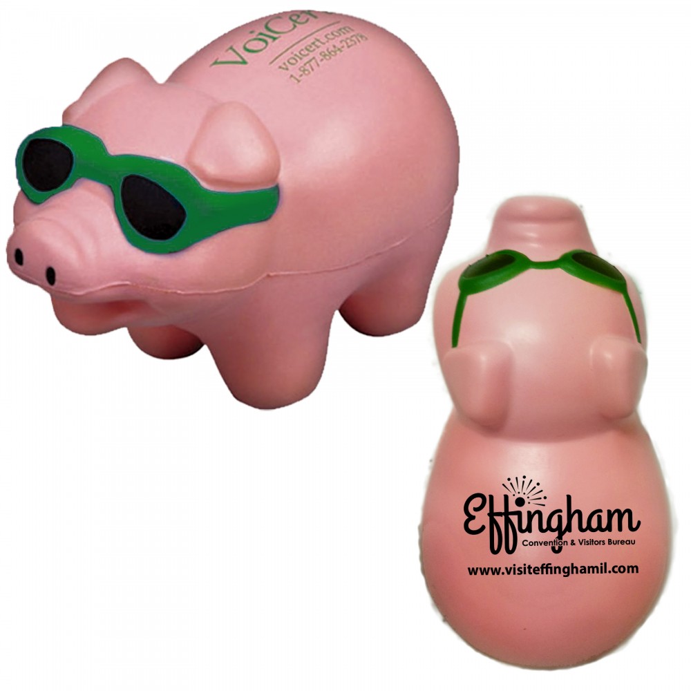 Pig Stress Reliever w/ Green Sunglasses Custom Imprinted Pig Stress Reliever w/ Green Sunglasses Custom Imprinted
