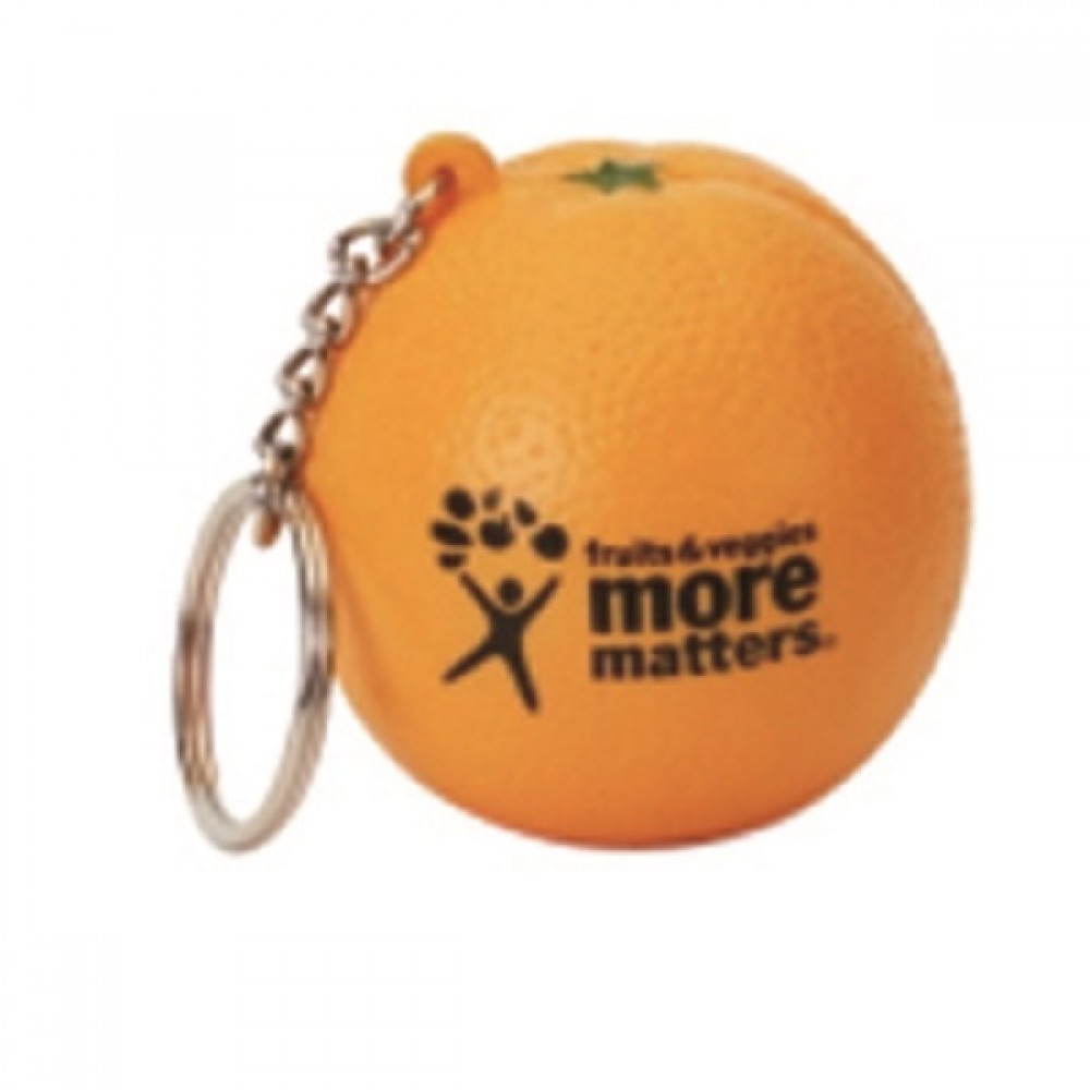 Logo Branded PU Round Orange Shaped Stress Ball w/Key Chain
