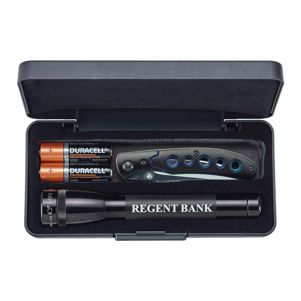 2AALED Mini Maglite w/Prism Pocket Knife Custom Printed 2AALED Mini Maglite w/Prism Pocket Knife Custom Printed
