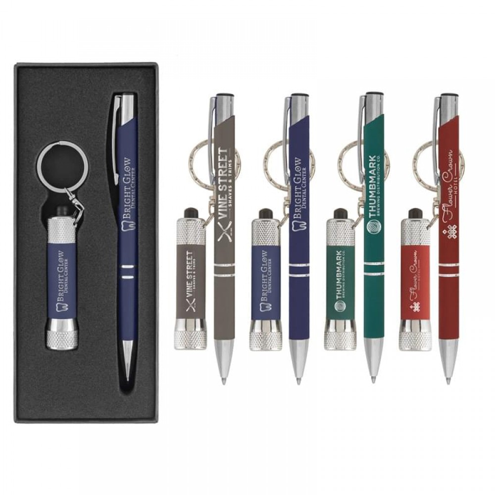 Tres-Chic & Chroma Softy - Laser Engraved - Metal Pen & Flashlight Gift Set with Logo