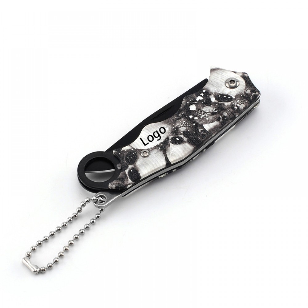Personalized Skull Pattern Stainless Steel Folding Pocket Knife with Key Chain
