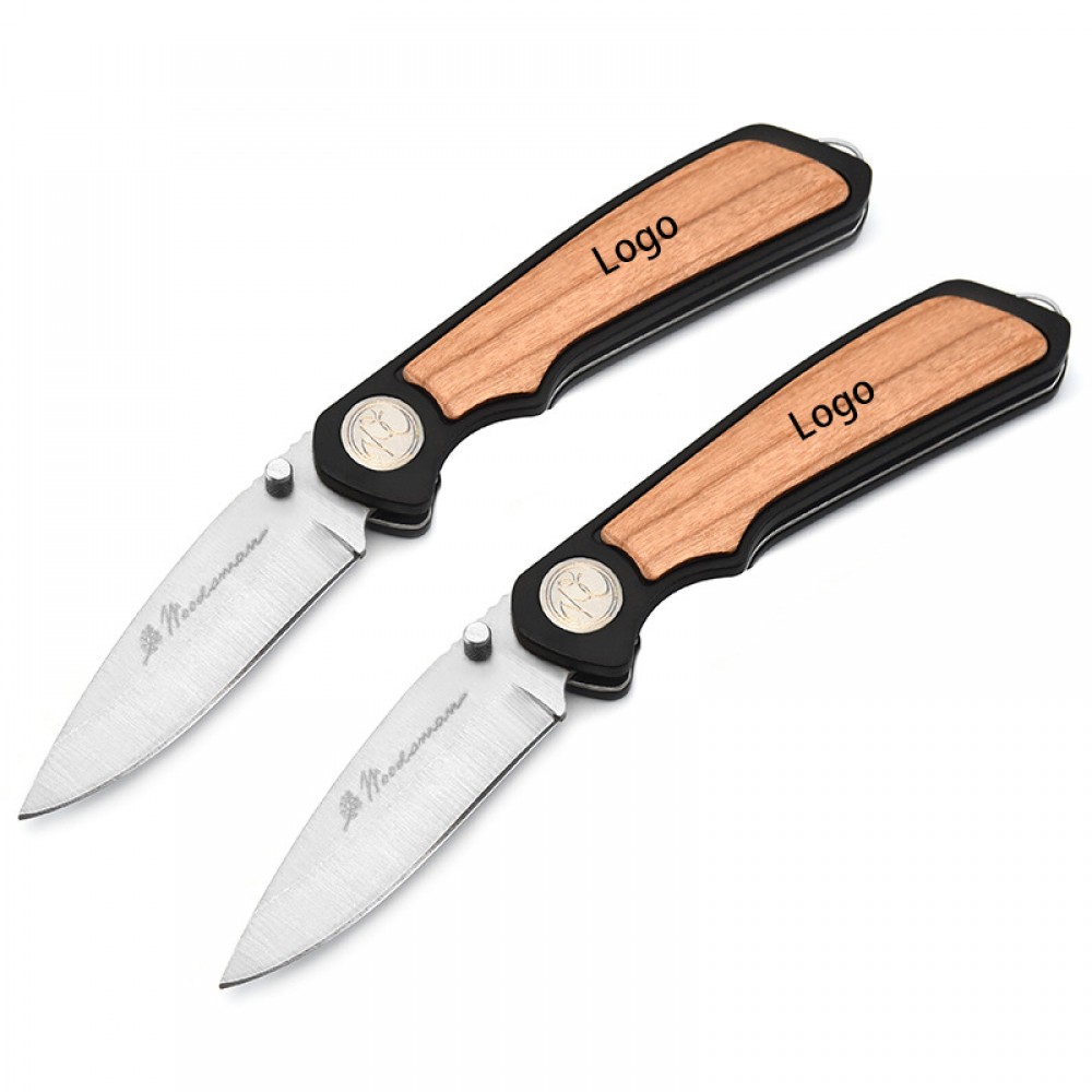 Logo Branded Stainless Steel Folding Pocket Knife with Wooden Handle