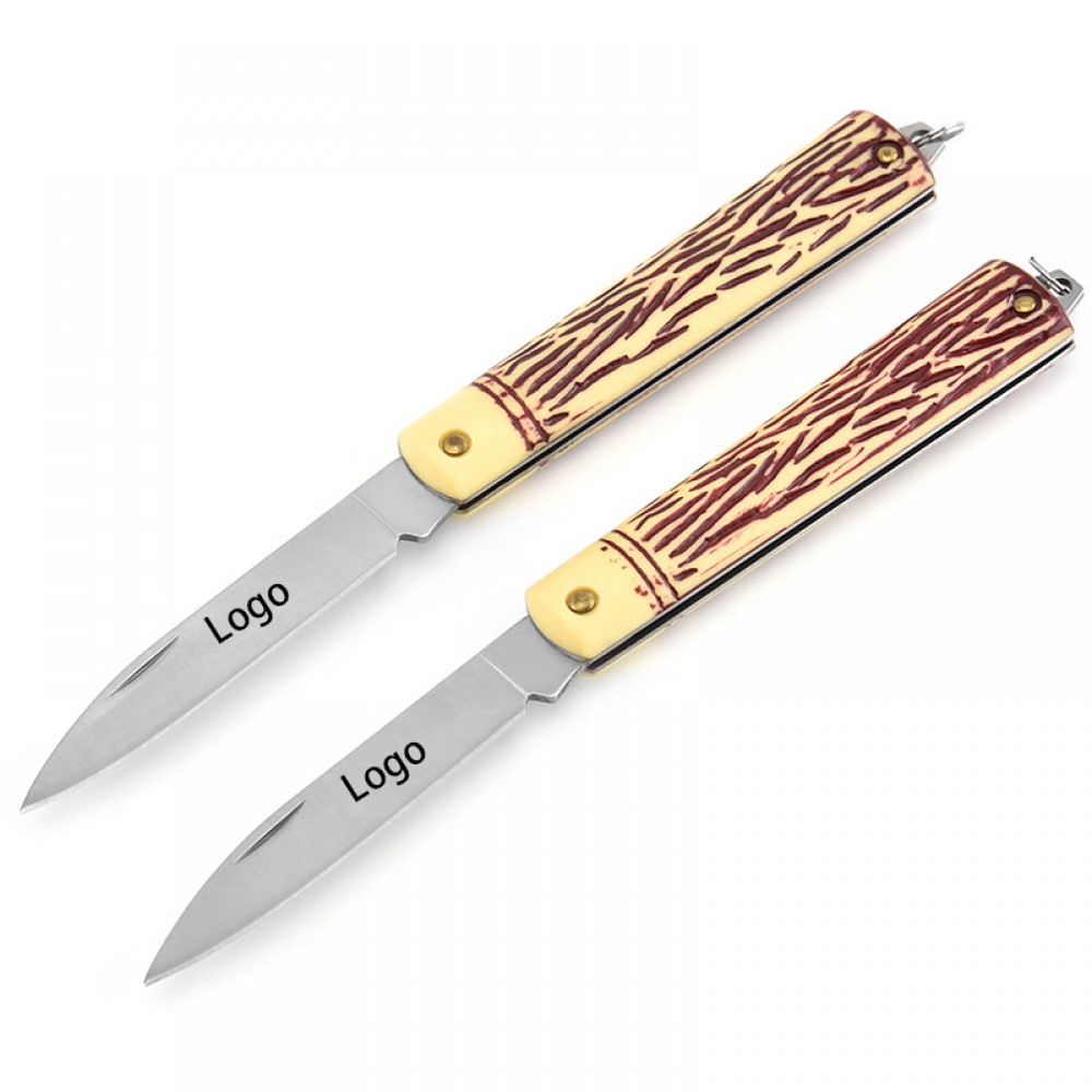 Logo Branded Stainless Steel Folding Pocket Knife with Wood Grain Handle