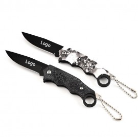 Logo Branded Skull Pattern Stainless Steel Folding Pocket Knife with Key Ring