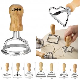 Logo Branded Zinc Alloy DIY Pasta Press & Biscuit Mold w/Wooden Handle & Fluted Edge