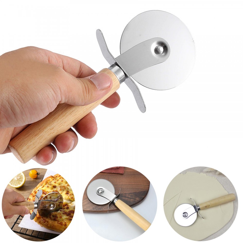 Logo Branded Wooden Handle Stainless Steel Pastry Pizza Cutter Wheel Slicer