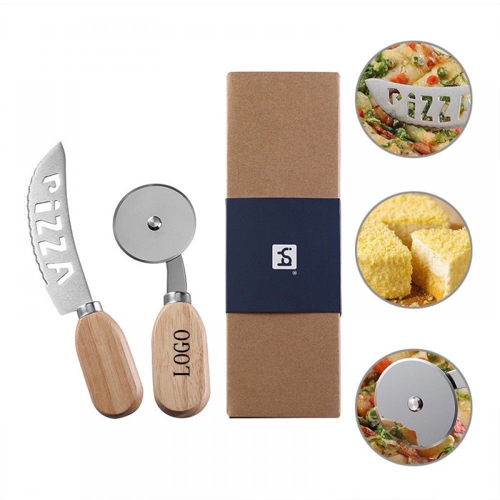 Pizza Cutter Set With Wooden Handle with Logo