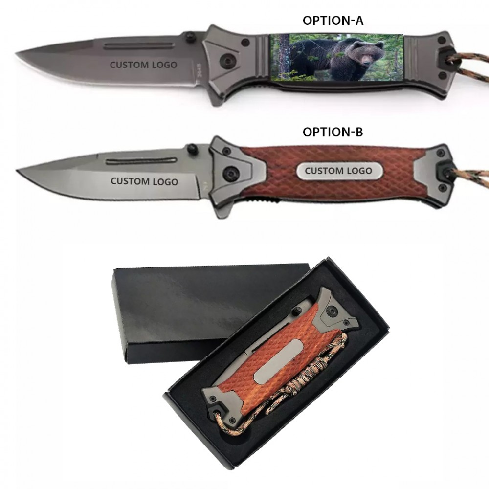 Wood Folding Tactical Pocket Knife with Stainless Steel Blade with Clip with Logo