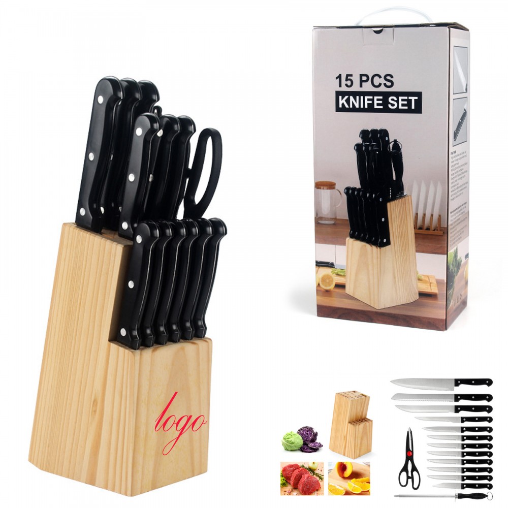 15-Piece Stainless Steel Knife Set with Wooden Block with Logo