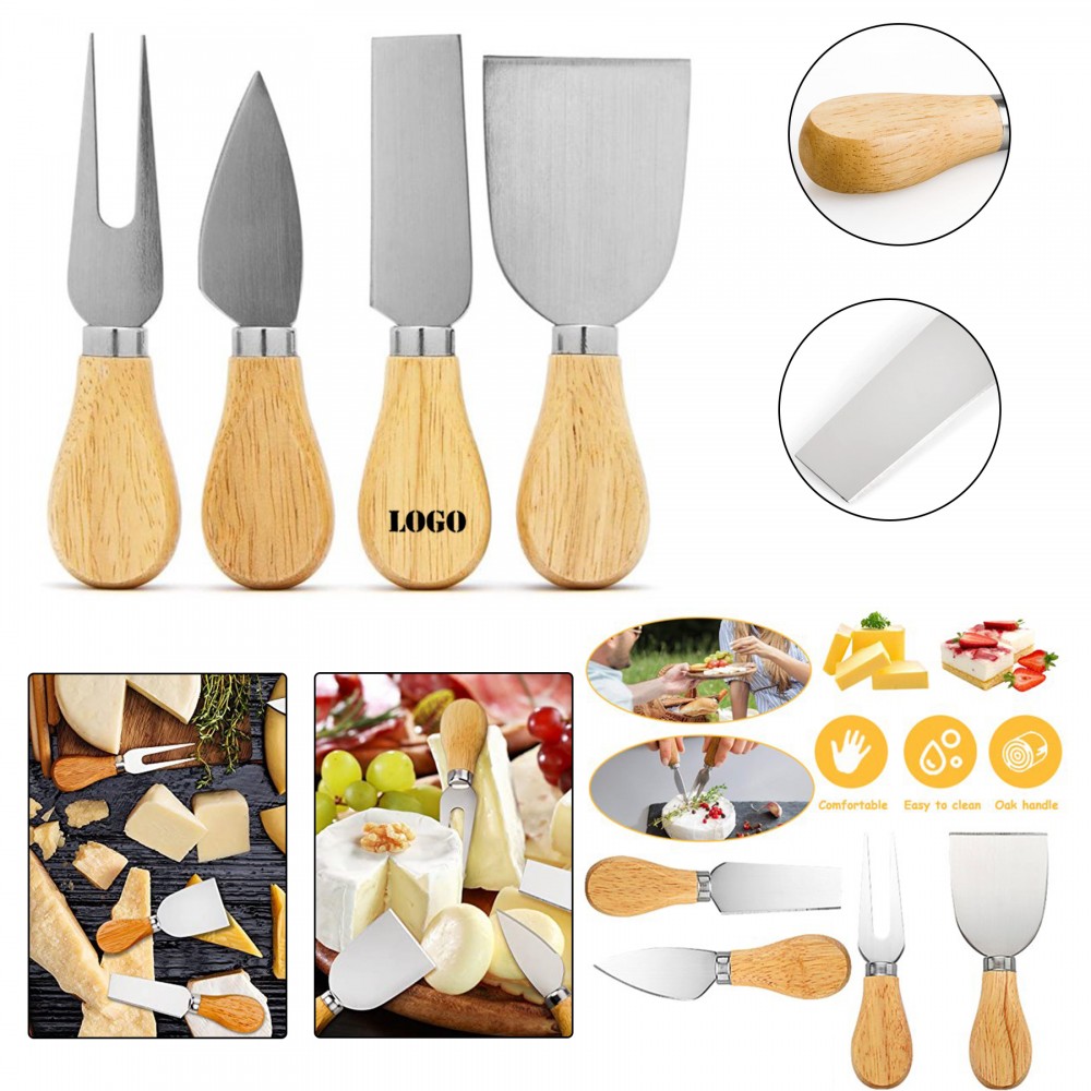 Custom Imprinted 4 Pieces Cheese Knives Tool Set with Wood Handle Custom Imprinted 4 Pieces Cheese Knives Tool Set with Wood Handle