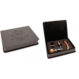 4 Piece Wine Tool Set, Gray Faux Leather with Logo