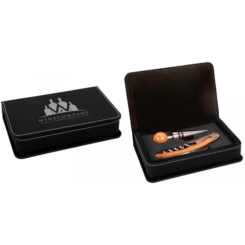 2 Piece Wine Tool Set, Black Faux Leather with Logo