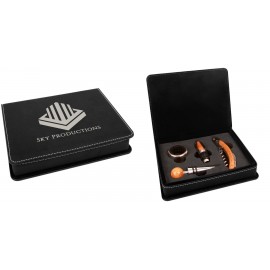 4 Piece Wine Tool Set, Black Faux Leather with Logo