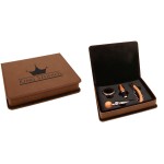 4 Piece Wine Tool Set, Dark Brown Faux Leather with Logo