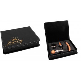 4 Piece Wine Tool Set, Black Faux Leather with Logo