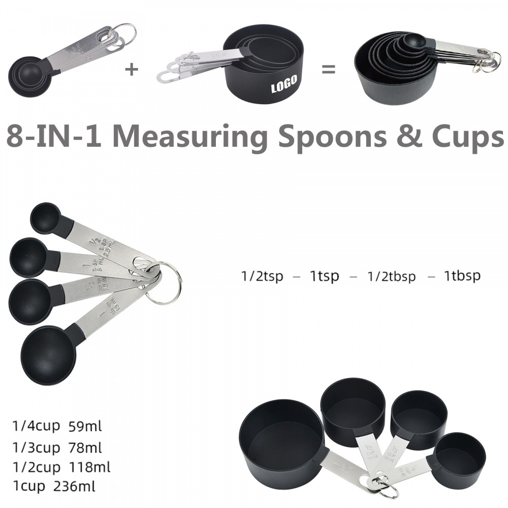 8" 1 Stainless Steel Handle Measuring Cup and Spoon Set With Engraved Measurement Marks with Logo