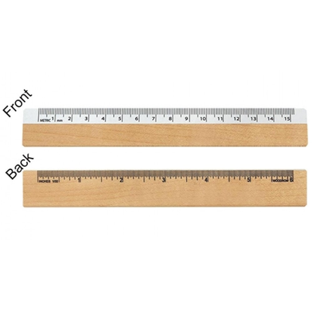 Optical Ruler - White Metric Scale Front / Wood Inch Back (6") with Logo