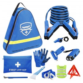 Deluxe Auto Emergency Roadside Kit w/ Jumper Cables, Tow Rope & First Aid in Reflective Triangle Bag with Logo