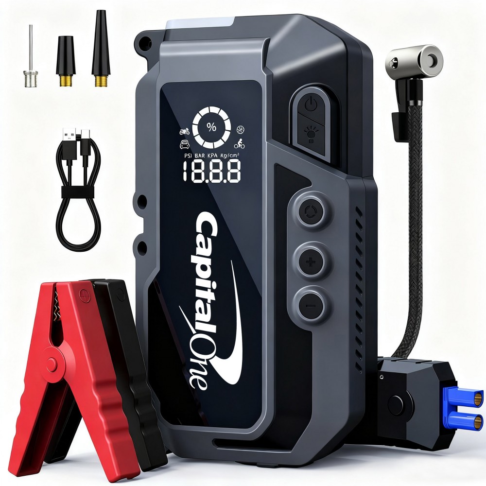 Promotional 18W Fast Charger Portable Emergency battery booter w/ 150PSI Emergency inflater air compressor