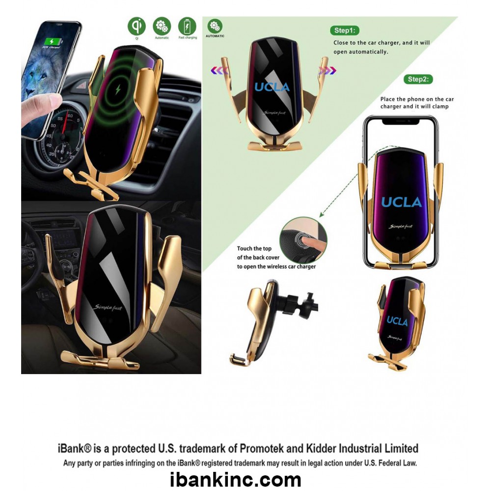 iBank  Wireless Car Charger Phone Mount, Clips onto Air Vent with Logo