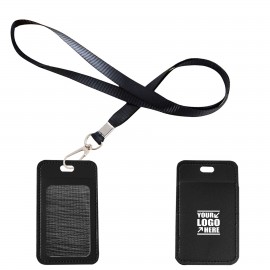 Custom Printed Dual Pocket PU Leather Card Case With Lanyard