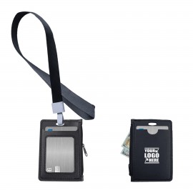 Custom Imprinted Zipper PU Leather Card Case With Lanyard