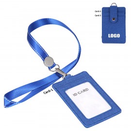 Logo Imprinted 3 Pockets PU Leather Card Holder Lanyard