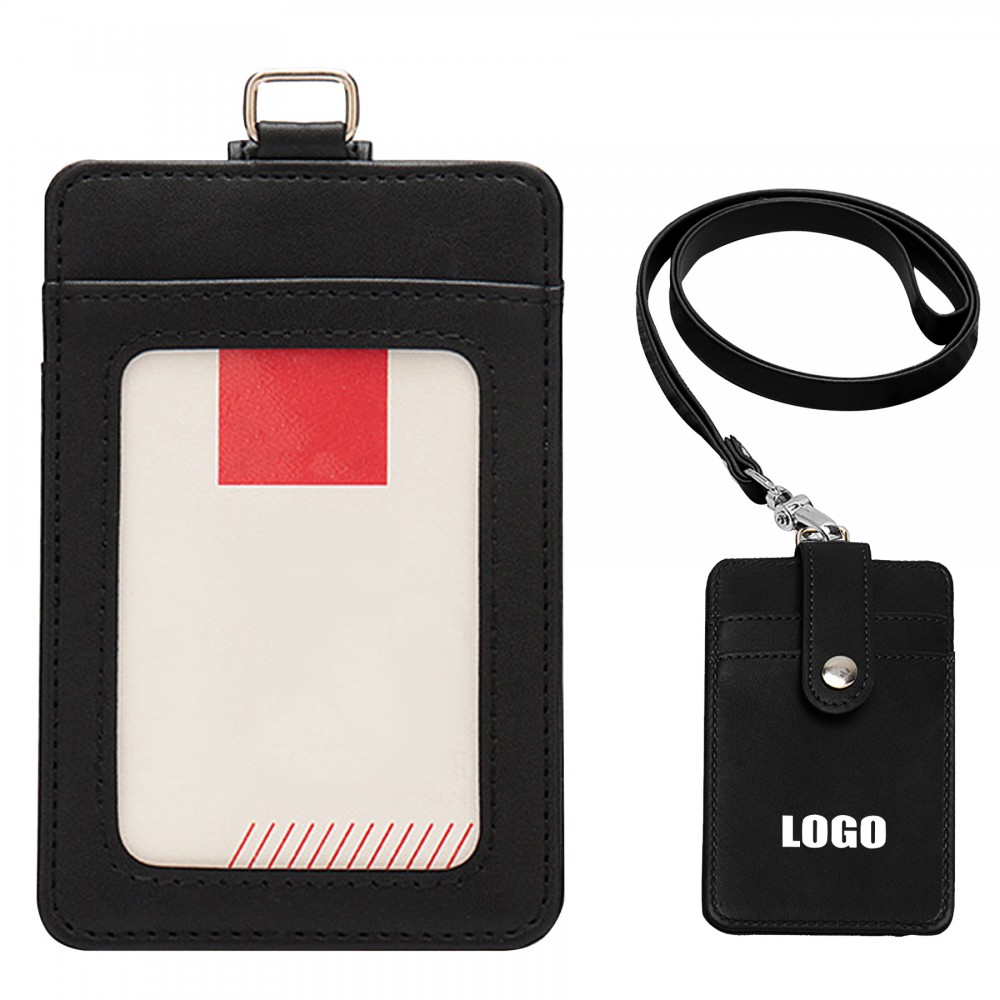 Custom Printed PU Lanyard 3 Pockets PU Leather Card Holder