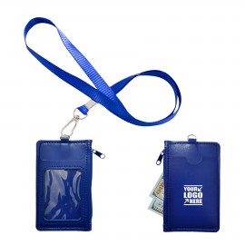Zipper Pocket PU Leather Card Case w/Lanyard with Logo