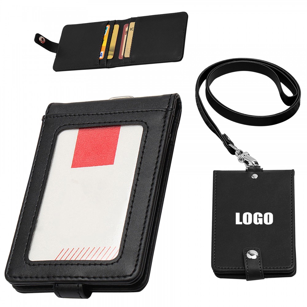 PU Lanyard 5 Pockets Folded PU Leather Card Holder Custom Imprinted